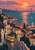 Yellow tram passing Lisbon-like hillside rooftops beside a river and distant suspension bridge at sunset.