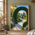 A large clipped hedge arch frames a winding gravel path, sculpted topiary, a ladder, and a glass conservatory.; frame shown for styling only