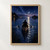 A silhouetted rower in a narrow skiff crosses moonlit water between dark reeds and distant shoreline homes.; frame shown for styling only