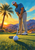 Adult golfer bending over a putt at sunrise, with foreground ball and putter, a fan palm and desert mountains.