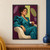 Adult woman in a teal suit sits in a cream sculptural chair holding a white teacup against a plum-and-lime background.; frame shown for styling only