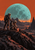 Two helmeted space explorers on a dark rocky ridge beneath a huge turquoise moon and orange-lit horizon.
