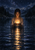 Adult woman waist-deep in a night lake, holding a glowing lantern as its warm reflection stretches across the water beneath a starry sky.