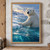 White polar bear in blue water with one forepaw on a broken ice shelf, distant snowy cliffs, and a warm horizon glow.; frame shown for styling only
