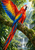 Scarlet macaw perched on a diagonal branch with one wing raised, long tail, dense rainforest foliage, and waterfalls.