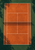 Overhead view of a burnt-orange clay tennis court with ivory lines, a dark net, green surroundings, and a small yellow ball below the net.
