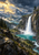 White waterfall drops into a turquoise mountain basin beneath storm clouds, framed by dark rocky slopes, forest, mist, and distant peaks.