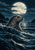 Spotted seal lifts its head above dark waves beneath a cloud-veiled full moon, with two seabirds flying over a distant coastline.
