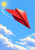 Scarlet paper airplane diving diagonally through blue sky with a curved trail, yellow sun and white clouds.