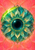 A centered ornamental teal eye-like form with layered leaf-shaped rays, chartreuse light and small flecks on a coral-pink geometric background.