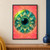 A centered ornamental teal eye-like form with layered leaf-shaped rays, chartreuse light and small flecks on a coral-pink geometric background.; frame shown for styling only