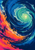 Abstract blue and turquoise water spiral around a luminous green center, with an orange-magenta sweep across the lower-left edge.