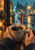 Two hands in dark knit sleeves hold a steaming speckled coffee cup before a rain-streaked café window with blurred teal and amber lights.
