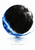 A textured black disc is crossed and partly encircled by a vivid blue brushstroke, with a pale blue reflection and small title lettering below.