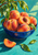 Cobalt bowl filled with ripe peaches, including a cut peach, on a teal surface with a leafy branch above.