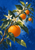 Diagonal citrus branch with several oranges, glossy green leaves, an unopened bud, and two white blossoms against a cobalt-blue background.
