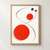 Abstract poster with vermilion discs and crossing charcoal arcs on a warm off-white background, accented by a small cobalt disc.; frame shown for styling only