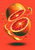 Two cut blood-orange halves with visible segments, floating droplets, and curling peel against a saturated coral background.