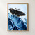 Black moth with gold-edged spread wings perched on angular blue glass shards against a pale icy background.; frame shown for styling only