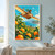 A wooden glider with a goggled pilot flies above orange trees near the sea, with two gulls and distant coastal hills.; frame shown for styling only