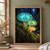 Three glowing turquoise, jade, and amber mushrooms rise from a moss-covered branch beside a small blue beetle in a dark forest.; frame shown for styling only
