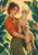 Adult woman in a rust-orange shirt holding a spotted, long-legged wildcat among tropical leaves and orange bird-of-paradise flowers.