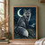 Silver-gray fox with a sweeping tail seated on a mossy flower-speckled rock beneath a crescent moon and mountain landscape.; frame shown for styling only