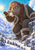 Bearded, fur-clad giant holding a bright snowflake above a snowy mountain valley with pine trees and a winding trail.