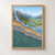 Illustrated river valley cutaway with a blue winding river, mountain waterfall, white arrows, green valley, and exposed colored rock layers.; frame shown for styling only
