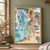Woman in a lavender top and leaf-like skirt touching a translucent blue water horse beside a turquoise pool.; frame shown for styling only