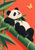 A black-and-white panda reclining diagonally on a green bamboo stalk against a coral background, with leaves, a sprig, and a golden butterfly.