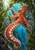 Red-orange octopus with curling, suction-cup-lined arms swimming among kelp in sunlit turquoise water.