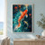 A large orange-red and white koi arcs upward through blue-green water above a smaller white-and-gold koi, surrounded by red maple leaves and surface highlights.; frame shown for styling only
