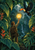 An explorer viewed mostly from behind raises a glowing lantern toward a flying toucan amid dense jungle leaves and a distant waterfall.