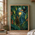 An explorer viewed mostly from behind raises a glowing lantern toward a flying toucan amid dense jungle leaves and a distant waterfall.; frame shown for styling only