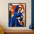An adult dancer in a vivid cobalt-blue belted coat stretches one arm overhead amid ginkgo motifs and vermilion geometric shapes.; frame shown for styling only