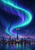 Turquoise and violet aurora above a fictional waterfront skyline, with a ring-lit tower and colorful reflections.