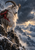 Long-haired mountain goat on a rocky alpine ledge in a storm, with distant peaks and red cloth on its gear.
