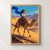 An adult woman in a long cobalt scarf rides a camel across golden dunes toward distant violet mesas beneath a turquoise sky.; frame shown for styling only
