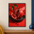 Open pomegranate with glossy red arils and a detached wedge on a dark dish, with scattered seeds, leaves and a red background.; frame shown for styling only