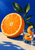 A cut orange half stands beside a clear glass holding curled peel, with glossy citrus leaves against a vivid blue background.