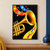 Golden trumpet with a dark bell opening and visible valves, surrounded by colorful arcs and geometric shapes on a black background.; frame shown for styling only