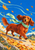 Long-haired reddish-brown dachshund trotting along an autumn path with a mint scarf streaming in the wind among golden leaves.