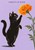 Upright black cat reaching toward an orange marigold beneath the words “CURIOSITY IN BLOOM” on a lilac background.