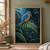 Blue-and-orange kingfisher perched on a fern frond amid dense, dark green foliage and cool cyan light.; frame shown for styling only