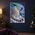 A snow leopard looks back over its shoulder from a snowy ledge beneath a green aurora and a dark mountain sky.; frame shown for styling only