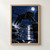 Black panther leaping over a moonlit rocky stream toward a ledge, with a splash and full moon above.; frame shown for styling only