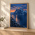 Snow-streaked mountain above dark reflective water, with a warm sunset reflection, distant peaks, rocks and small pines.; frame shown for styling only