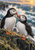 Two puffins sharing a small fish between their orange bills on a rocky sea cliff beside surf and sea spray.