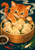 Orange tabby cat reaching toward a dumpling in a bamboo steamer, with steam, a dipping bowl, chilies, and scallions against deep teal.